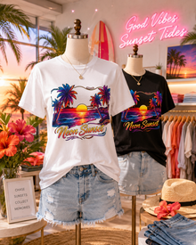 Sunset Palm Beach T-Shirt — 'Neon Sunset' Retro Tropical Graphic Tee