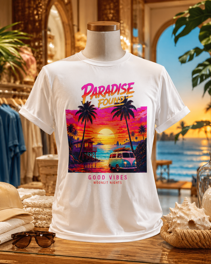Paradise Found Sunset T-Shirt — Good Vibes Tropical Beach Graphic