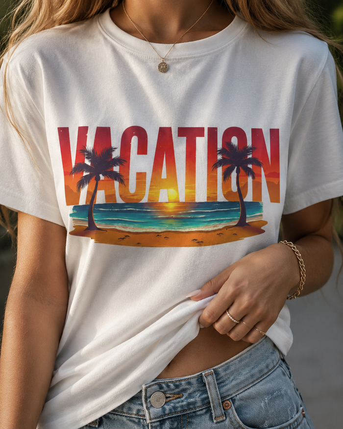 Ultra-Soft Vacation Beach T-Shirt — Sunset Palm Graphic Summer Tee