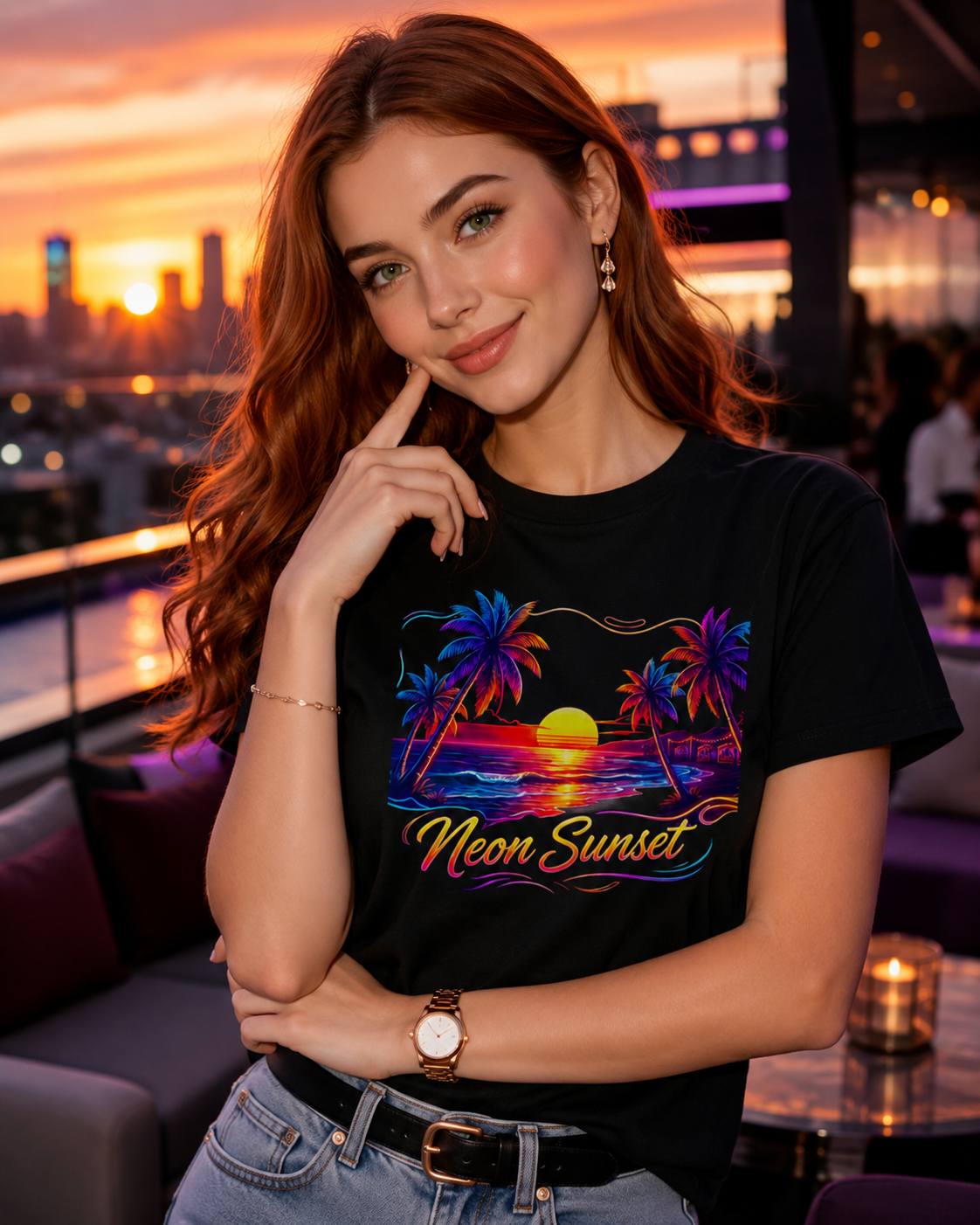 Sunset Palm Beach T-Shirt — 'Neon Sunset' Retro Tropical Graphic Tee