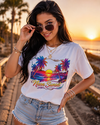 Sunset Palm Beach T-Shirt — 'Neon Sunset' Retro Tropical Graphic Tee