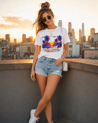 Sunset Palm Beach T-Shirt — 'Neon Sunset' Retro Tropical Graphic Tee