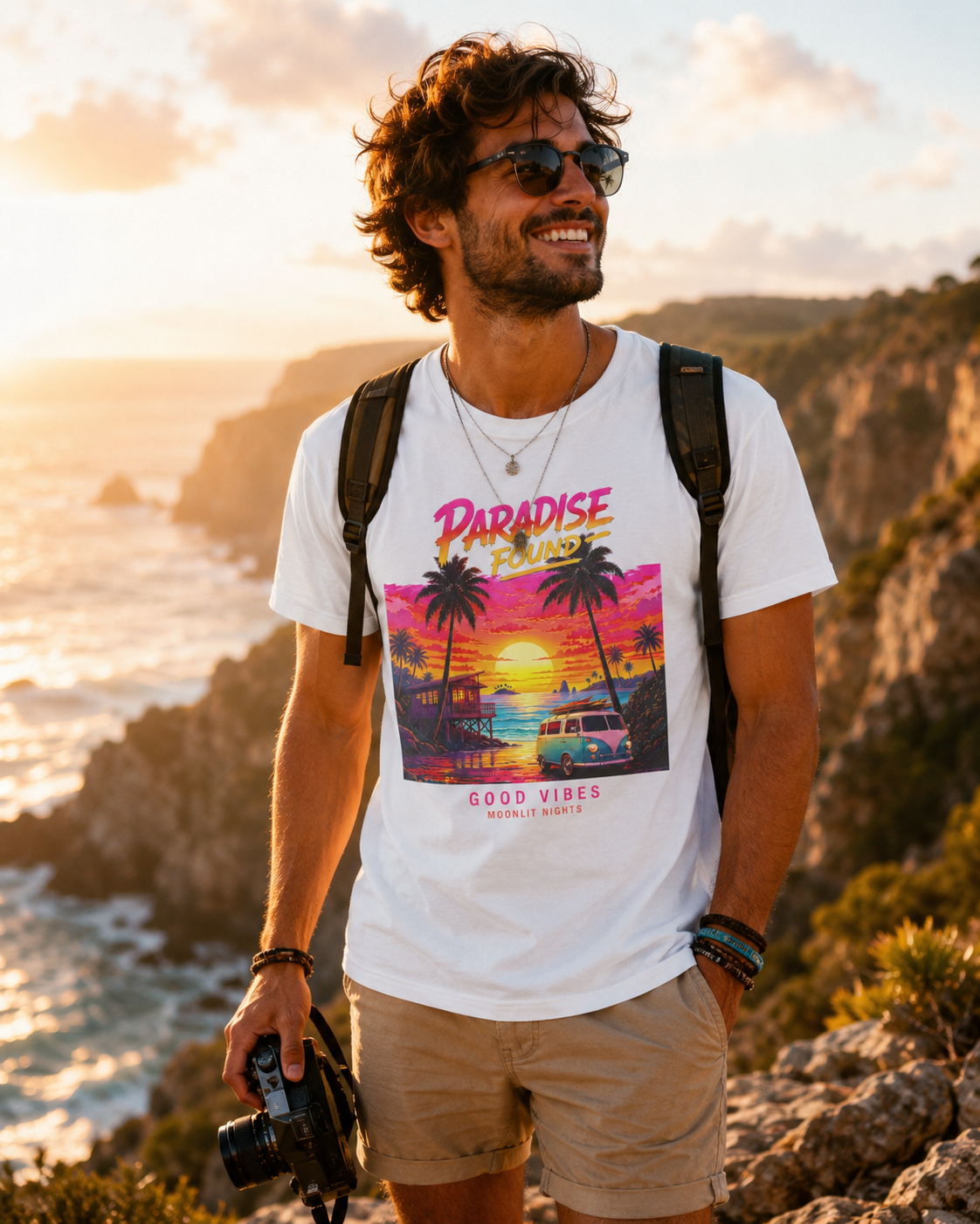 Paradise Found Sunset T-Shirt — Good Vibes Tropical Beach Graphic