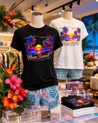 Sunset Palm Beach T-Shirt — 'Neon Sunset' Retro Tropical Graphic Tee