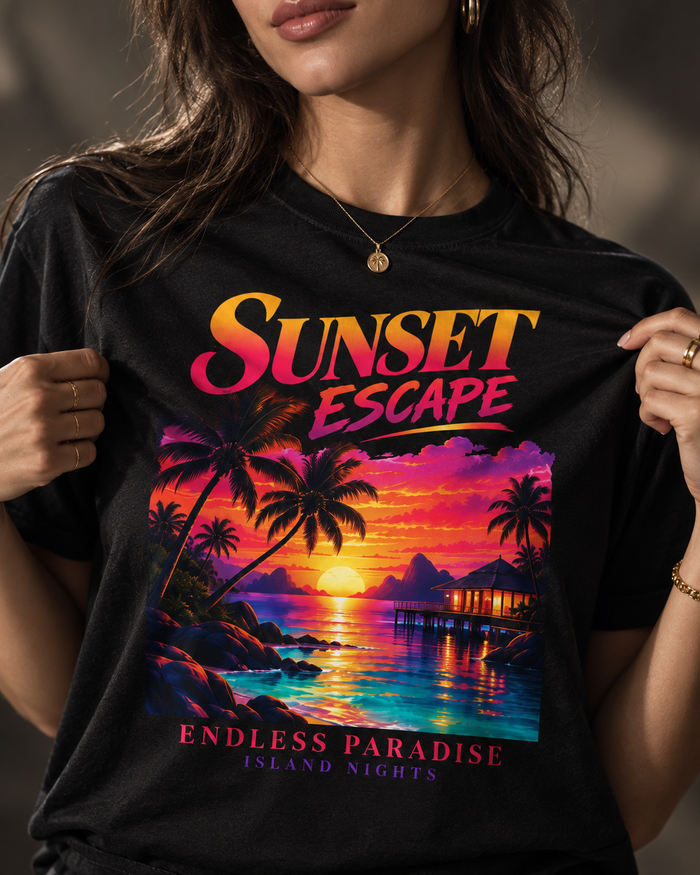 Sunset Escape Tropical Graphic T-Shirt — Endless Paradise Beach Tee