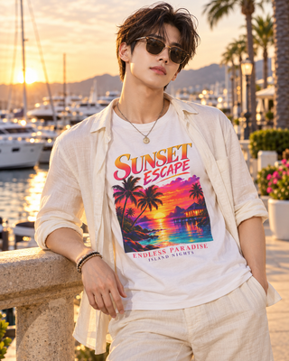 Sunset Escape Tropical Graphic T-Shirt — Endless Paradise Beach Tee