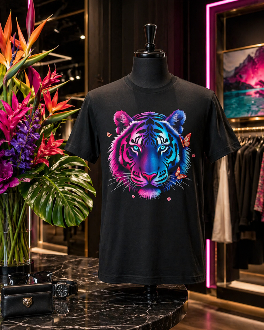 Vibrant Neon Tiger Design Unisex Sueded T-Shirt